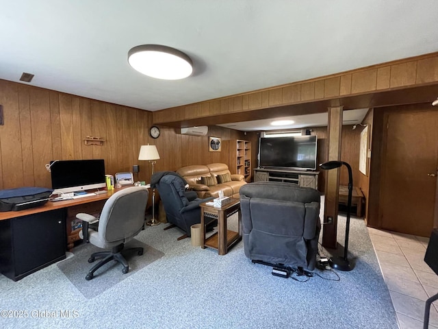 17 Sylvan Ln, Clifton Park, NY 12065 - office area featuring wood walls, an AC wall unit, and light tile patterned floors