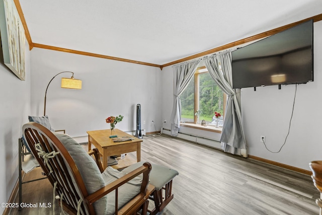 13 Willow Ln, Halfmoon, NY 12118 - living room featuring wood finished floors, a baseboard heating unit, and crown molding