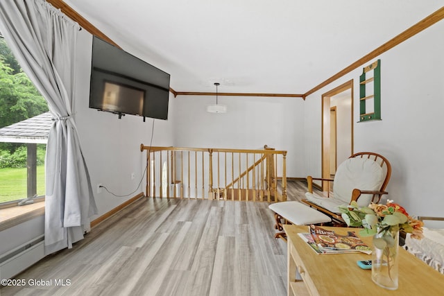 13 Willow Ln, Halfmoon, NY 12118 - sitting room featuring an upstairs landing, wood finished floors, and ornamental molding