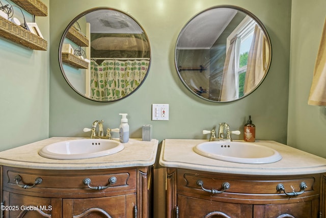 13 Willow Ln, Halfmoon, NY 12118 - bathroom with two vanities and a shower with shower curtain