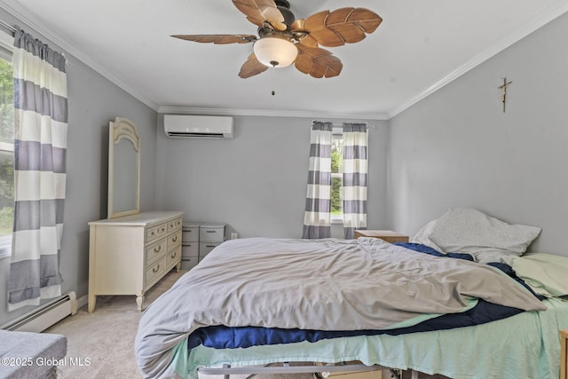 13 Willow Ln, Halfmoon, NY 12118 - bedroom featuring a baseboard heating unit, a wall mounted AC, ornamental molding, light colored carpet, and ceiling fan