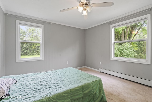 13 Willow Ln, Halfmoon, NY 12118 - bedroom with a baseboard heating unit, light colored carpet, crown molding, and ceiling fan