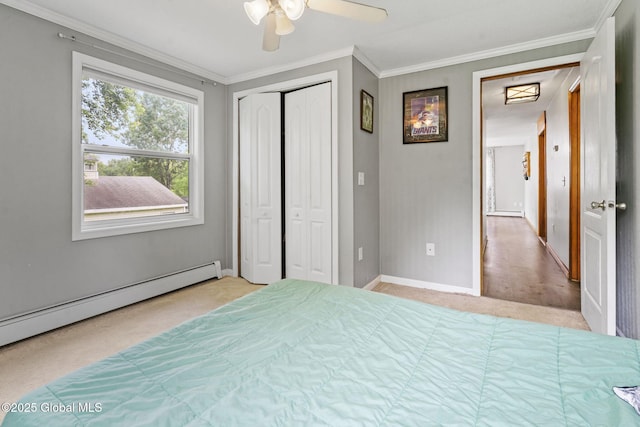 13 Willow Ln, Halfmoon, NY 12118 - bedroom with a baseboard radiator, carpet flooring, crown molding, a ceiling fan, and a closet