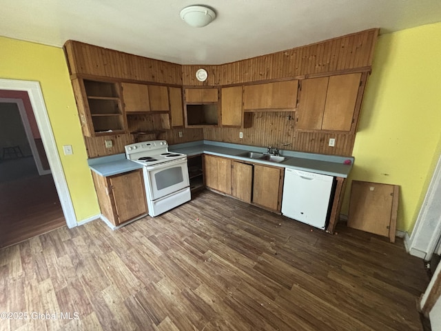 207 Fon Clair St, Johnstown, NY 12095 - kitchen featuring white appliances, dark wood-type flooring, brown cabinetry, and open shelves