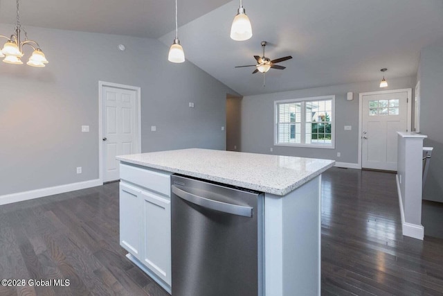 30 W St, Hudson Falls, NY 12839 - kitchen featuring dishwasher, lofted ceiling, dark wood-style flooring, baseboards, and a ceiling fan