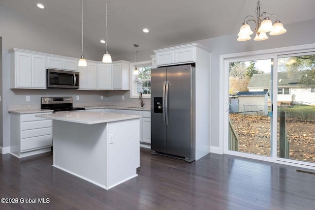 30 W St, Hudson Falls, NY 12839 - kitchen with stainless steel appliances, a sink, dark wood-style floors, white cabinetry, and recessed lighting