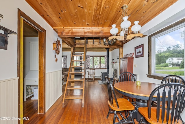 5882 Lake Rd, Galway, NY 12074 - dining room with hardwood / wood-style floors, wood ceiling, a chandelier, and wainscoting
