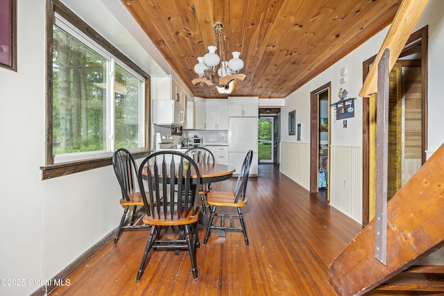 5882 Lake Rd, Galway, NY 12074 - dining space featuring wooden ceiling, a chandelier, wainscoting, healthy amount of natural light, and dark wood-style floors