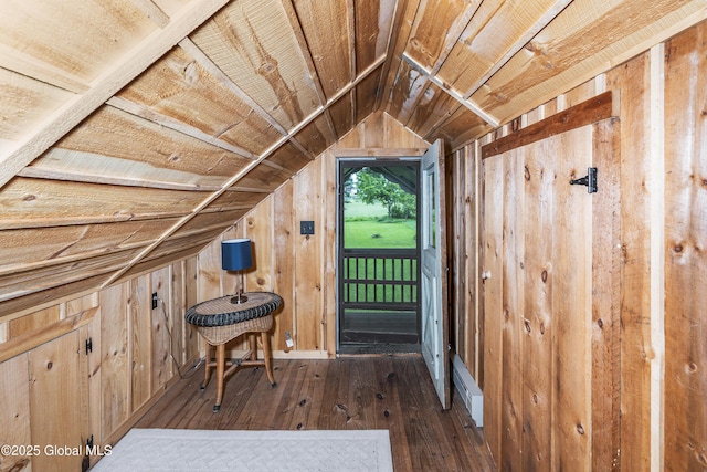 5882 Lake Rd, Galway, NY 12074 - foyer entrance featuring lofted ceiling, wood-type flooring, wooden walls, and baseboard heating