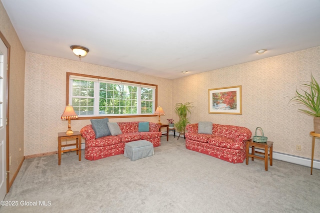 9 S Maple Ln, Colonie, NY 12211 - carpeted living room featuring wallpapered walls and a baseboard radiator