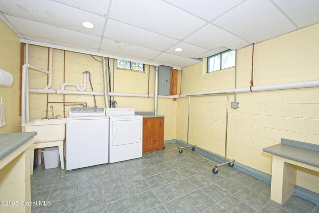 9 S Maple Ln, Colonie, NY 12211 - washroom featuring washer and clothes dryer, concrete block wall, recessed lighting, and electric panel
