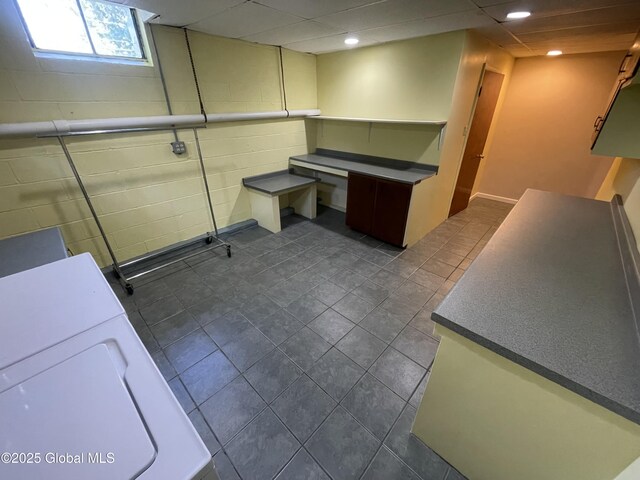 9 S Maple Ln, Colonie, NY 12211 - washroom featuring dark tile patterned flooring, washer / clothes dryer, and recessed lighting