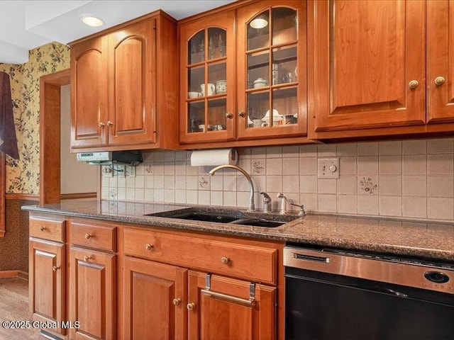 3077 New Williamsburg Dr, Guilderland, NY 12303 - kitchen with dishwasher, wallpapered walls, brown cabinets, glass insert cabinets, and dark stone countertops