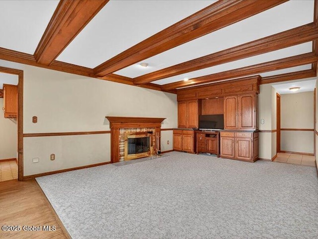 3077 New Williamsburg Dr, Guilderland, NY 12303 - unfurnished living room featuring beamed ceiling, a fireplace, and light colored carpet