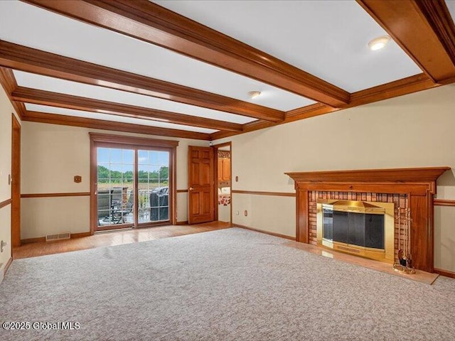 3077 New Williamsburg Dr, Guilderland, NY 12303 - unfurnished living room featuring beamed ceiling, light carpet, and a fireplace