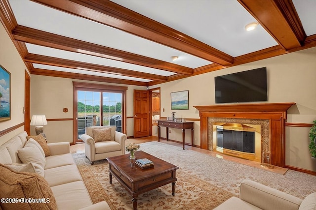 3077 New Williamsburg Dr, Guilderland, NY 12303 - living room with beamed ceiling and a fireplace