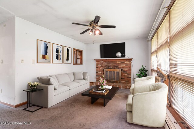 195 N St, Cobleskill, NY 12043 - carpeted living room featuring a brick fireplace and ceiling fan