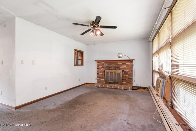 195 N St, Cobleskill, NY 12043 - unfurnished living room with carpet floors, baseboards, a brick fireplace, and ceiling fan