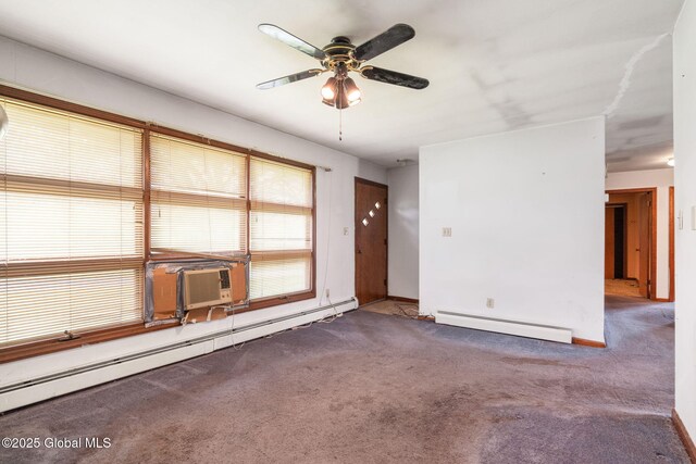 195 N St, Cobleskill, NY 12043 - carpeted empty room featuring baseboard heating, a ceiling fan, a baseboard heating unit, cooling unit, and baseboards