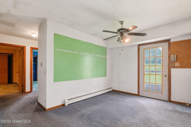 195 N St, Cobleskill, NY 12043 - empty room featuring a baseboard radiator, carpet floors, ceiling fan, and baseboards