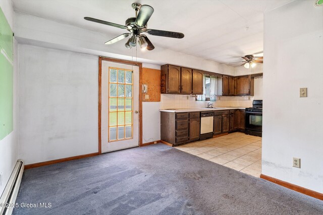 195 N St, Cobleskill, NY 12043 - kitchen featuring a baseboard radiator, black gas stove, ceiling fan, dishwasher, and light carpet