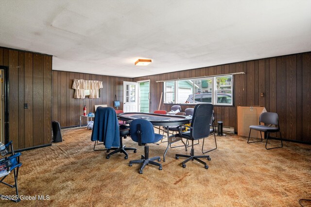 195 N St, Cobleskill, NY 12043 - home office featuring carpet, wooden walls, and a baseboard heating unit