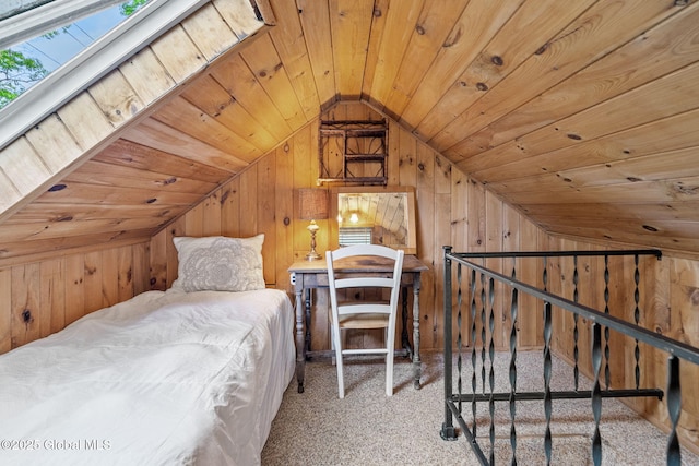 858 E River Dr, Lake Luzerne, NY 12846 - carpeted bedroom featuring vaulted ceiling, wooden walls, and wood ceiling