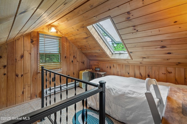 858 E River Dr, Lake Luzerne, NY 12846 - bedroom featuring a skylight, wooden walls, a baseboard heating unit, vaulted ceiling, and wooden ceiling