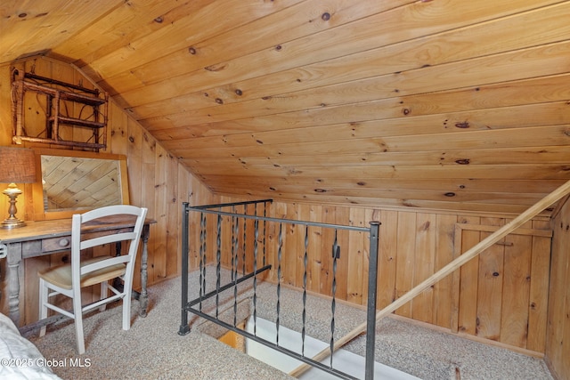 858 E River Dr, Lake Luzerne, NY 12846 - unfurnished office with lofted ceiling, wooden ceiling, wood walls, and carpet