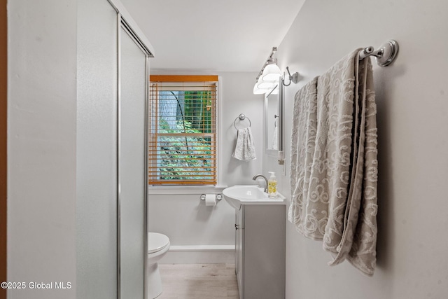 858 E River Dr, Lake Luzerne, NY 12846 - bathroom with vanity, toilet, baseboards, and wood finished floors