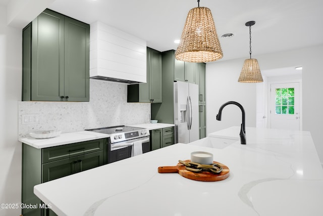 106 E Berkley Sq, Glenville, NY 12302 - kitchen featuring green cabinetry, electric stove, tasteful backsplash, premium range hood, and decorative light fixtures
