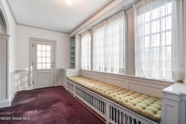 2125 Rosendale Rd, Niskayuna, NY 12309 - mudroom with a decorative wall, a wainscoted wall, dark colored carpet, and ornamental molding