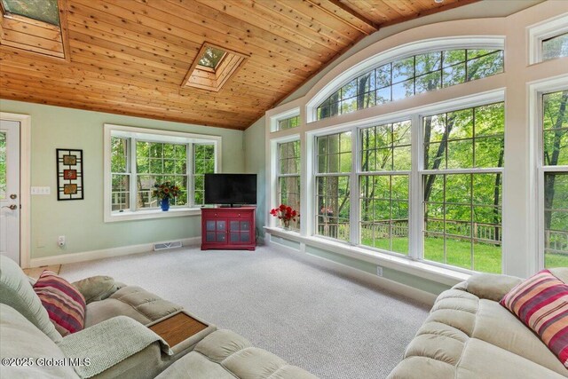 19 Canterbury Rd, Clifton Park, NY 12065 - carpeted living room with lofted ceiling, plenty of natural light, a skylight, and wood ceiling