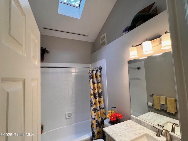 19 Canterbury Rd, Clifton Park, NY 12065 - full bath with a skylight, shower / tub combo, vanity, and vaulted ceiling