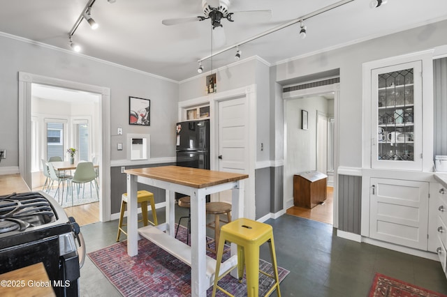 30 Monument Ave, Glens Falls, NY 12801 - kitchen with rail lighting, freestanding refrigerator, a ceiling fan, crown molding, and range with gas cooktop