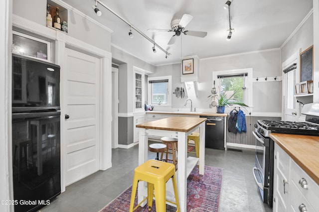 30 Monument Ave, Glens Falls, NY 12801 - kitchen featuring wood counters, stainless steel gas range oven, dishwasher, rail lighting, and crown molding