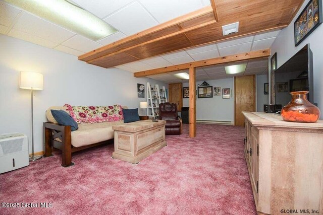 198 Williamsburg Ct, Albany, NY 12203 - living area featuring a paneled ceiling, light carpet, and a baseboard radiator