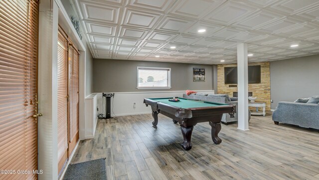 127 Firefly Meadow Rd, Glen, NY 12072 - playroom with billiards table, light wood finished floors, baseboards, recessed lighting, and an ornate ceiling