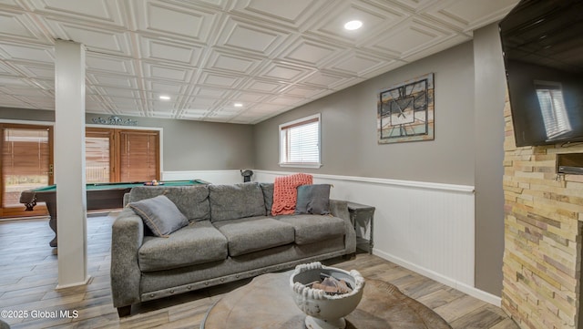 127 Firefly Meadow Rd, Glen, NY 12072 - living area with a wainscoted wall, billiards, wood finished floors, recessed lighting, and an ornate ceiling