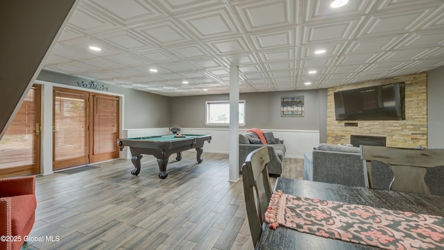 127 Firefly Meadow Rd, Glen, NY 12072 - game room with pool table, recessed lighting, light wood-type flooring, baseboards, and a large fireplace