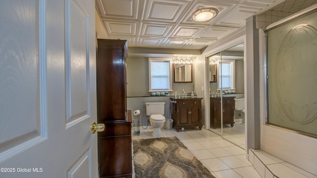127 Firefly Meadow Rd, Glen, NY 12072 - bathroom featuring toilet, vanity, tile patterned floors, an ornate ceiling, and shower / washtub combination