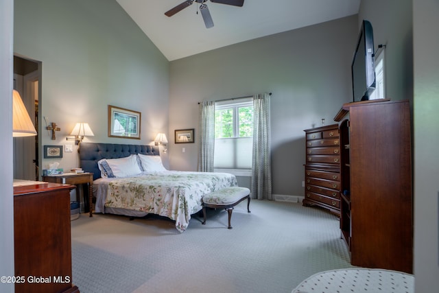 26 Galleon Dr Unit 26, Malta, NY 12020 - bedroom with high vaulted ceiling, carpet floors, a ceiling fan, and baseboards