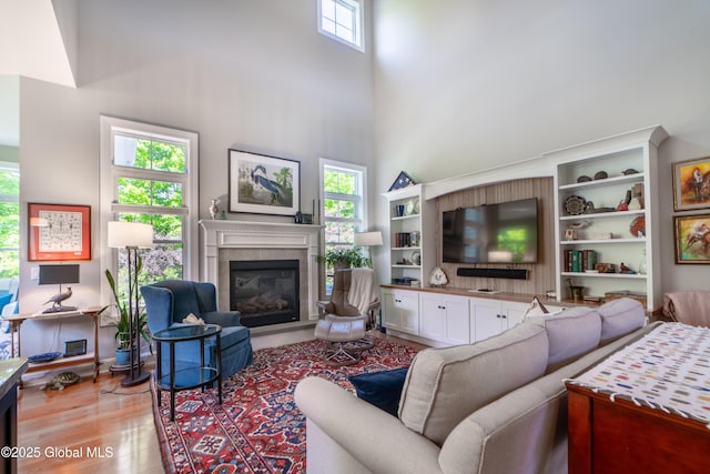 26 Galleon Dr Unit 26, Malta, NY 12020 - living room featuring a high ceiling, light wood-type flooring, and a glass covered fireplace