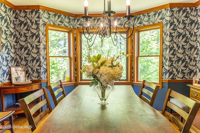 844 Red Oak Dr, Niskayuna, NY 12309 - dining area with wallpapered walls, crown molding, a chandelier, and plenty of natural light