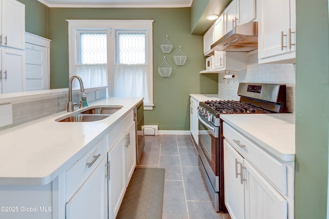 1348 Union St, Schenectady, NY 12308 - kitchen with appliances with stainless steel finishes, under cabinet range hood, a sink, backsplash, and crown molding