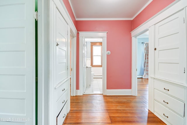 1348 Union St, Schenectady, NY 12308 - hallway with light wood finished floors, baseboards, crown molding, and a baseboard heating unit