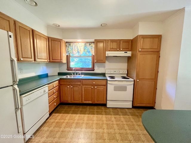 19 Lillian Dr, Glenville, NY 12302 - kitchen featuring white appliances, under cabinet range hood, a sink, dark countertops, and brown cabinetry