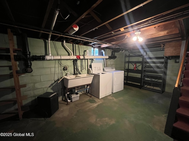 19 Lillian Dr, Glenville, NY 12302 - unfinished basement with washer and clothes dryer, a sink, stairs, and concrete block wall