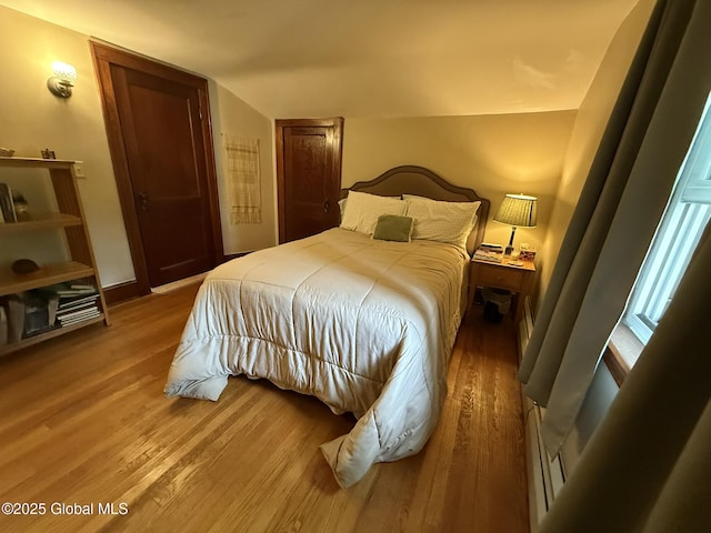 8 Hackett St, Bethlehem, NY 12158 - bedroom with wood finished floors, lofted ceiling, and a baseboard radiator