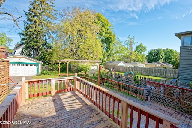1123 Ardsley Rd, Schenectady, NY 12308 - wooden terrace featuring an outdoor structure and a garage